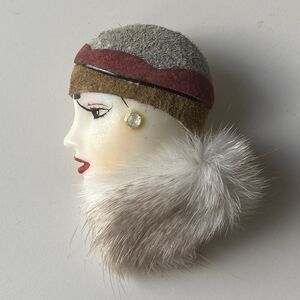 Vintage Lady Head Brooch Suede Leather Head Piece Mink Stole Retro 2in  Artisan